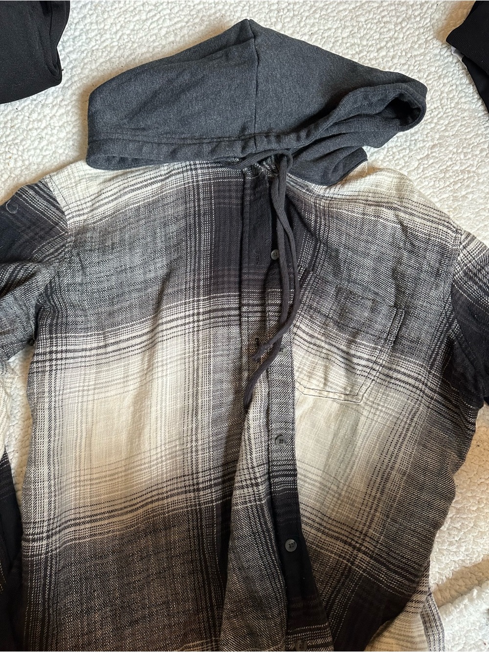American Eagle Black and Cream Plaid Hooded Button-Up